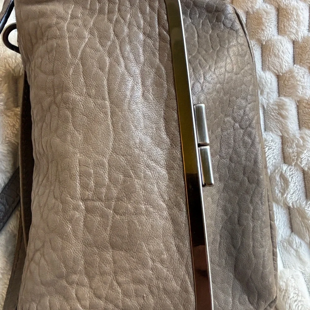 Vince Camuto Taupe Pebbled Leather Crossbody Flap Bag Gunmetal Frame